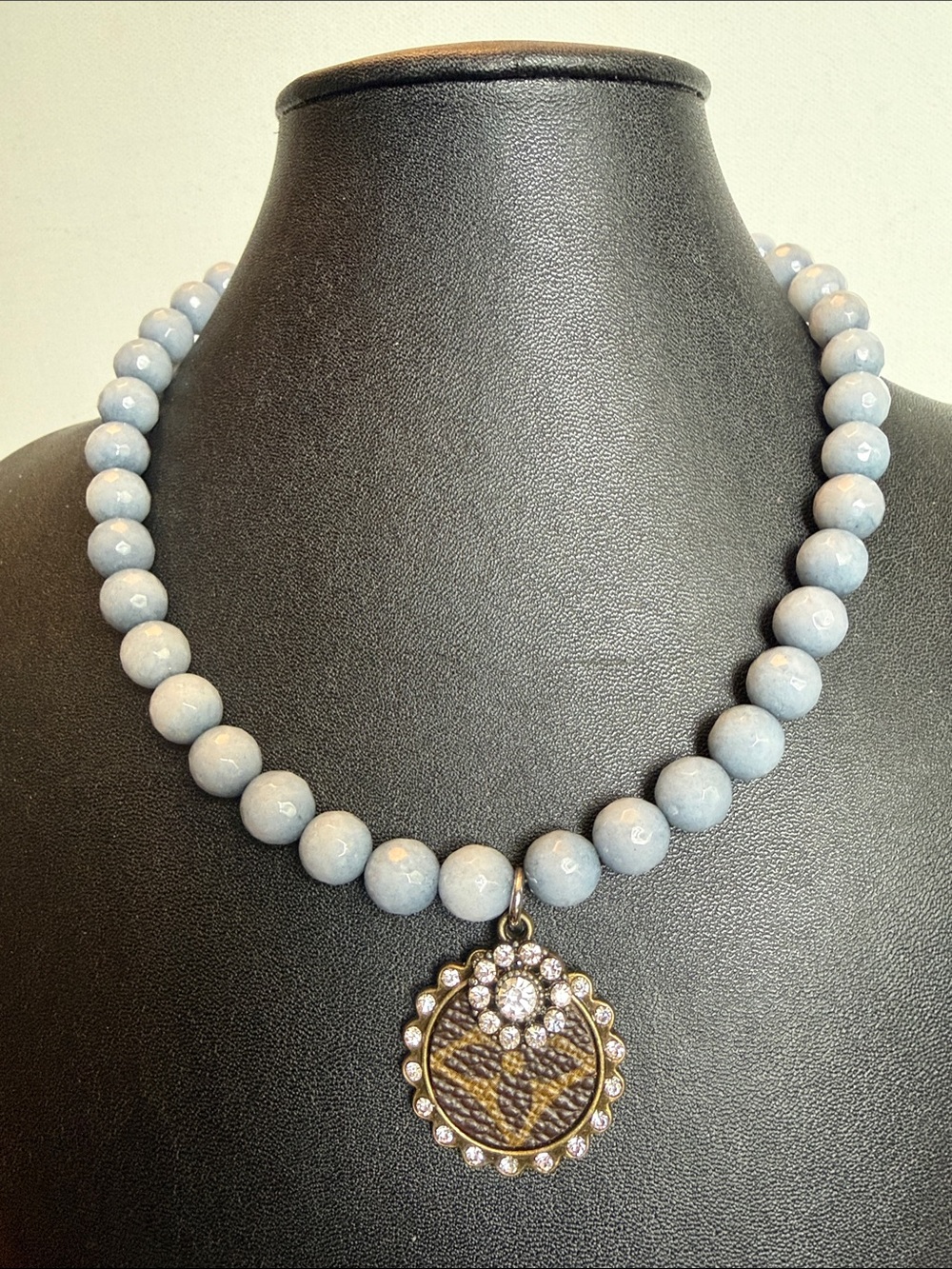 Light Blue faceted chalcedony Necklace with round Pendant